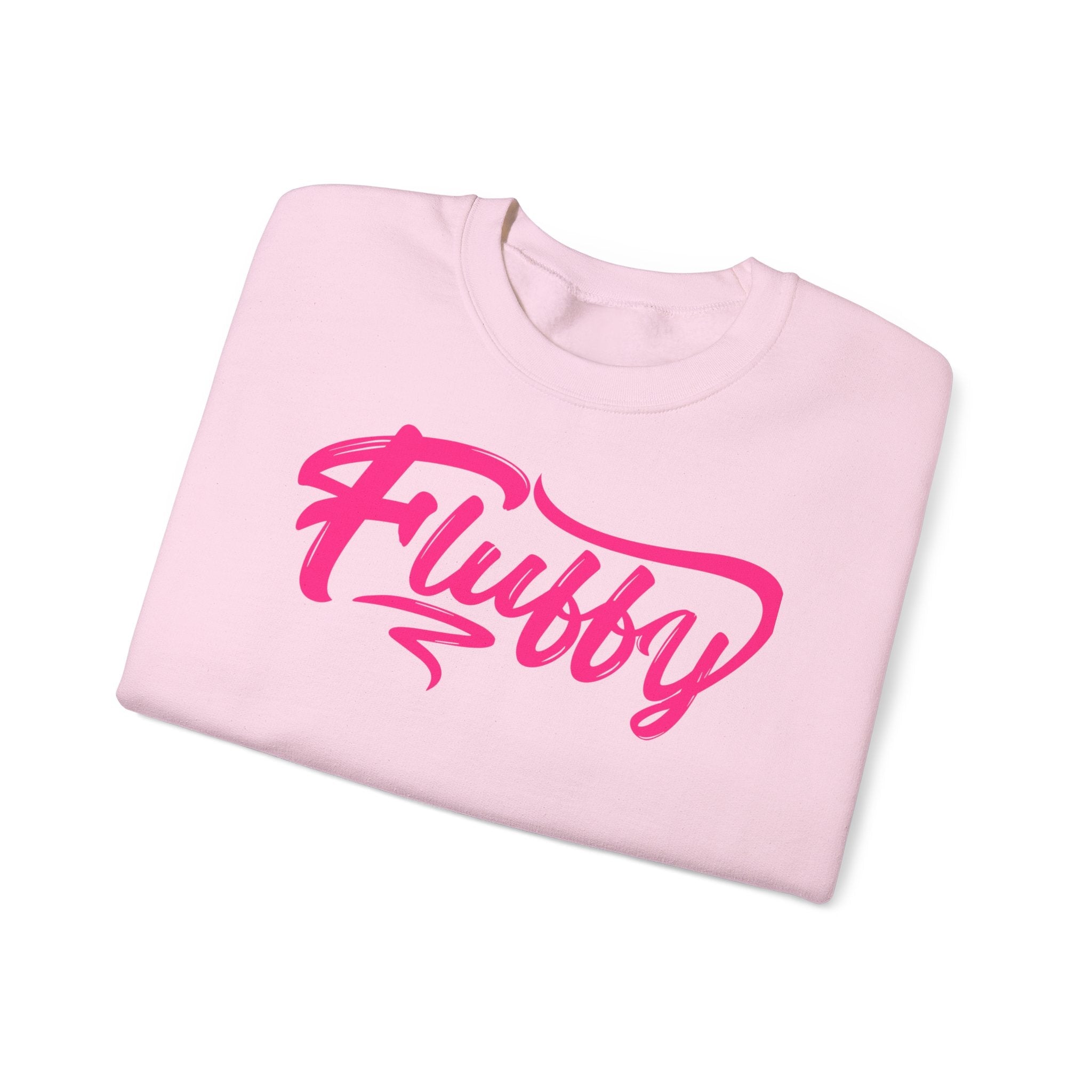 Fluffy Sweatshirt — White Cozy Crewneck with Pink 'Fluffy' Graphic Sweatshirt Printify 