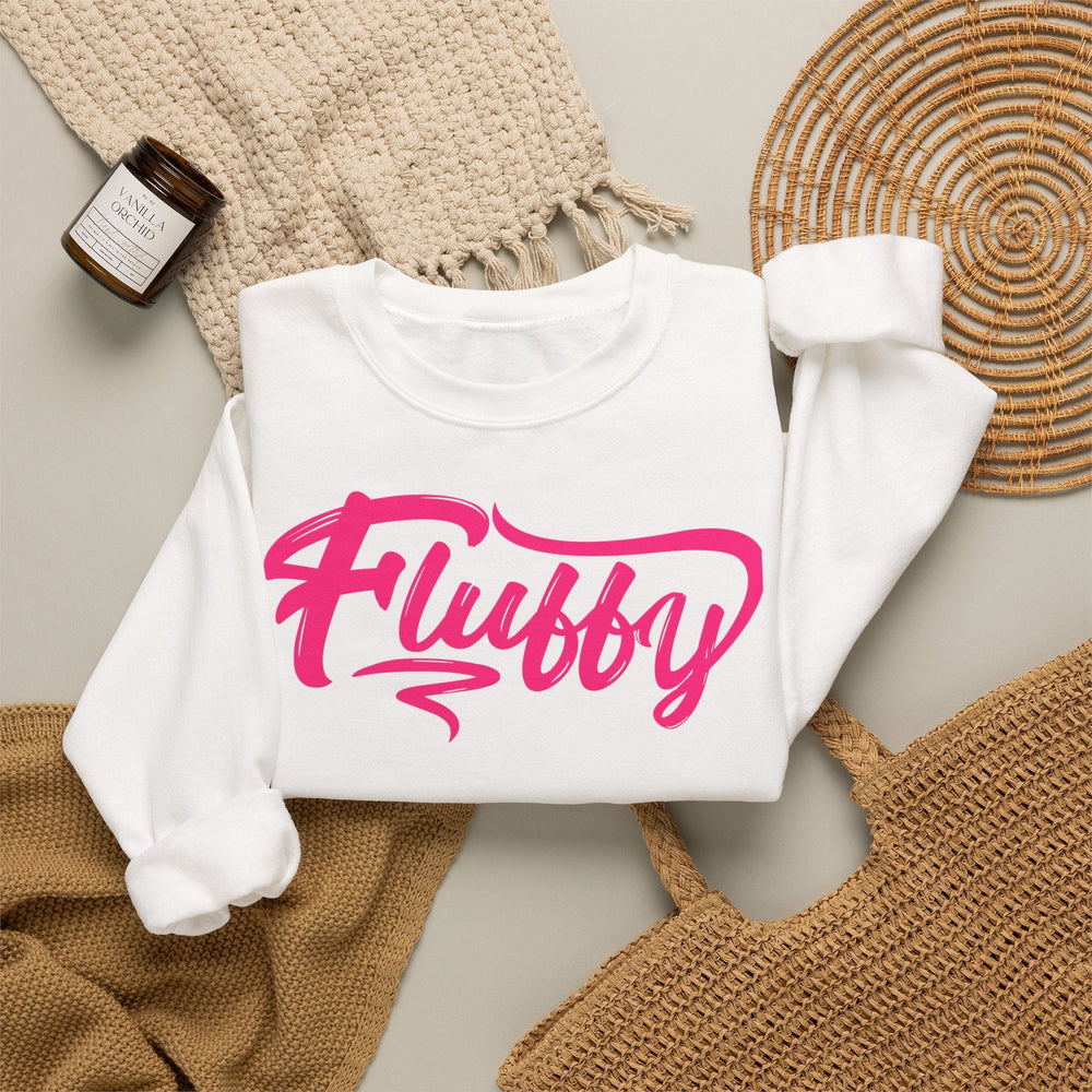 Fluffy Sweatshirt — White Cozy Crewneck with Pink 'Fluffy' Graphic Sweatshirt Printify 
