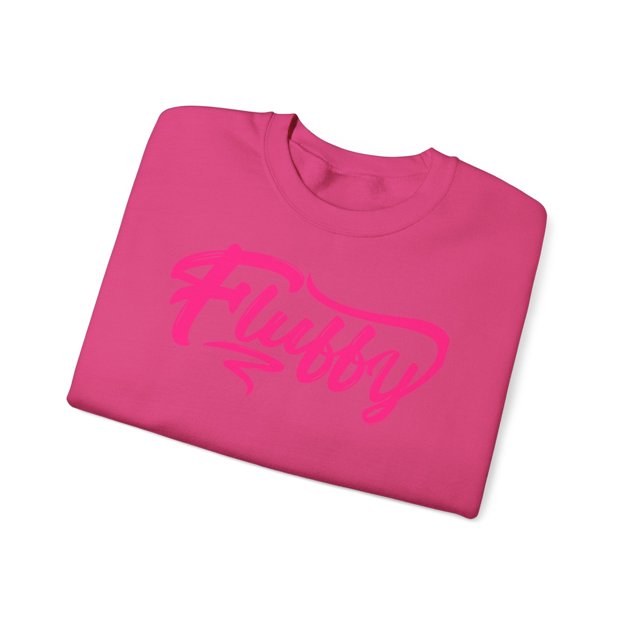 Fluffy Sweatshirt — White Cozy Crewneck with Pink 'Fluffy' Graphic Sweatshirt Printify 