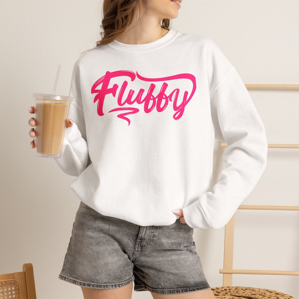 Fluffy Sweatshirt — White Cozy Crewneck with Pink 'Fluffy' Graphic Sweatshirt Printify 