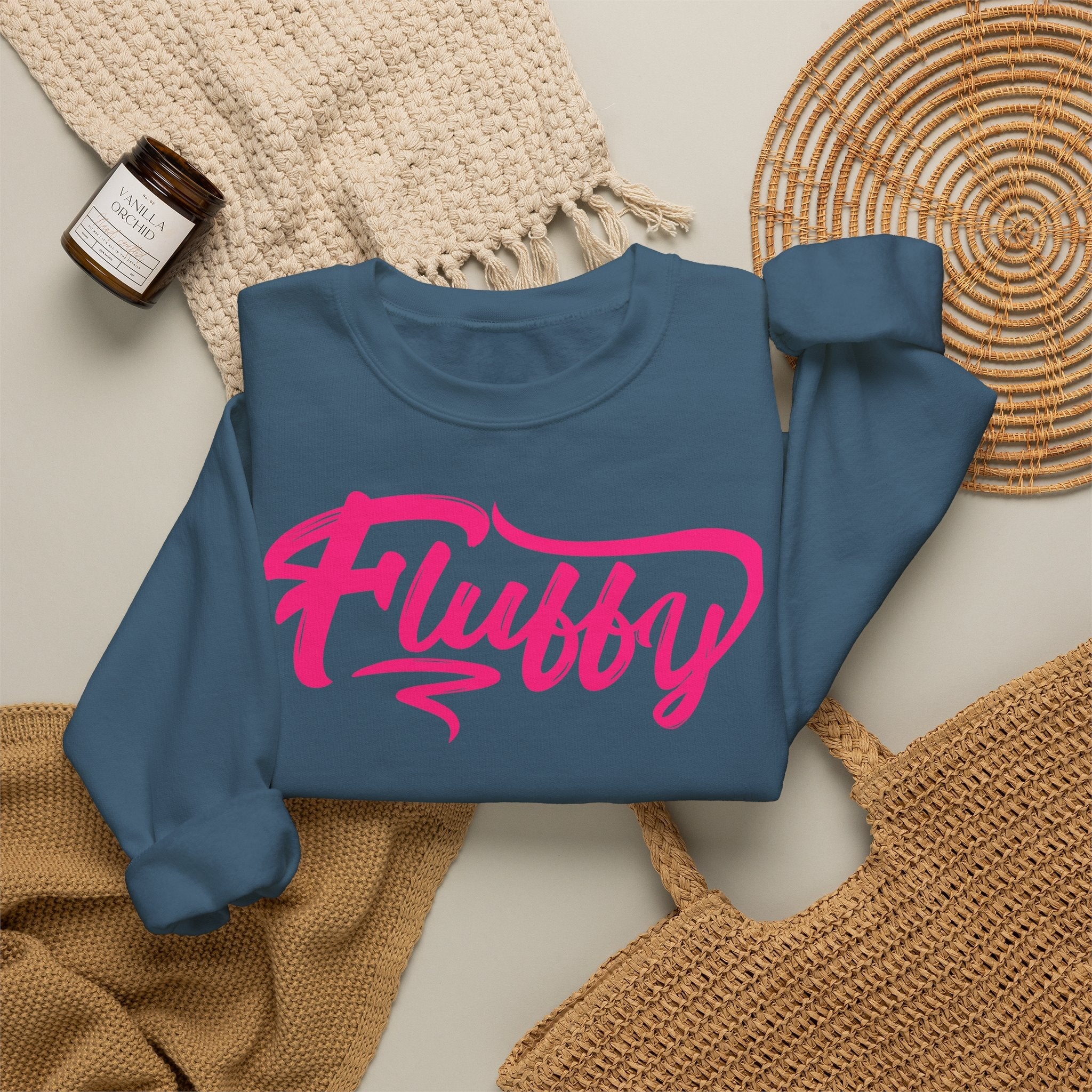 Fluffy Sweatshirt — White Cozy Crewneck with Pink 'Fluffy' Graphic Sweatshirt Printify 