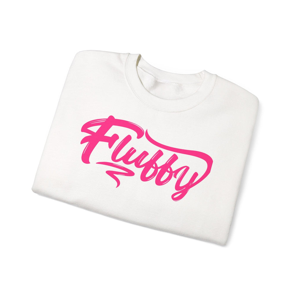 Fluffy Sweatshirt — White Cozy Crewneck with Pink 'Fluffy' Graphic Sweatshirt Printify 