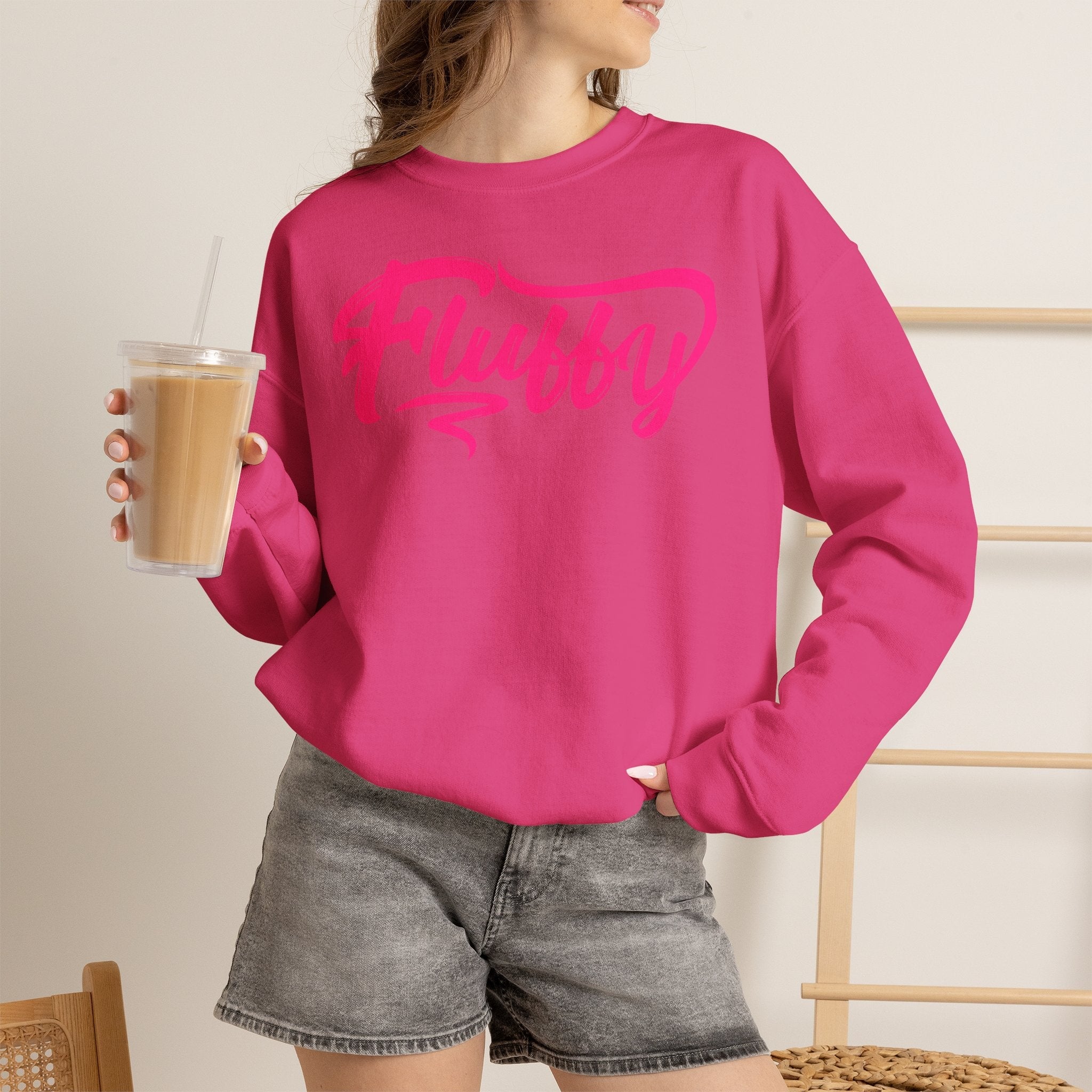 Fluffy Sweatshirt — White Cozy Crewneck with Pink 'Fluffy' Graphic Sweatshirt Printify 
