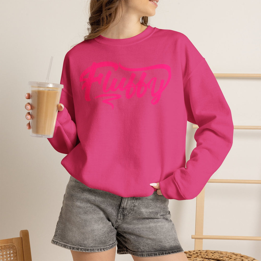 Fluffy Sweatshirt — White Cozy Crewneck with Pink 'Fluffy' Graphic Sweatshirt Printify 