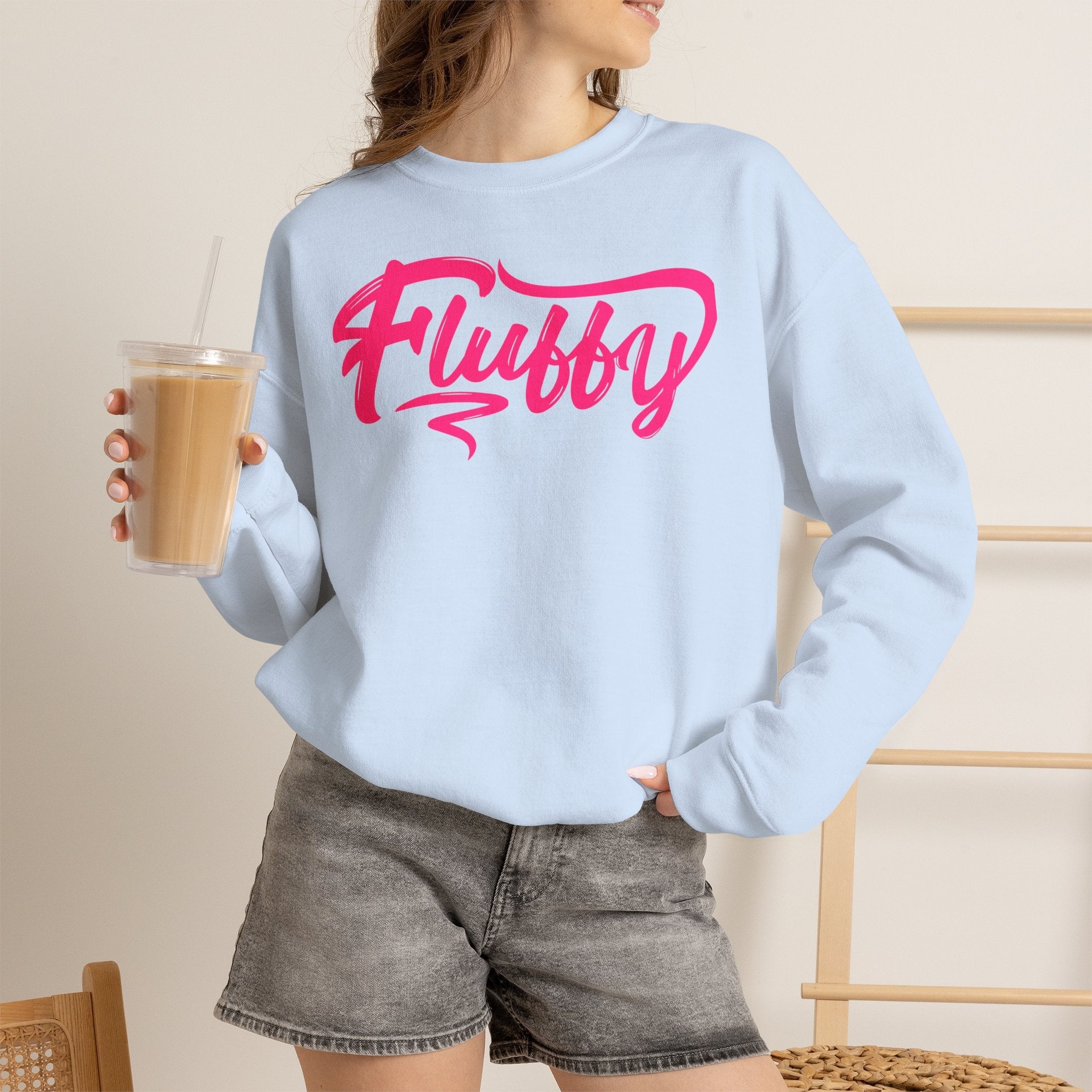 Fluffy Sweatshirt — White Cozy Crewneck with Pink 'Fluffy' Graphic Sweatshirt Printify 