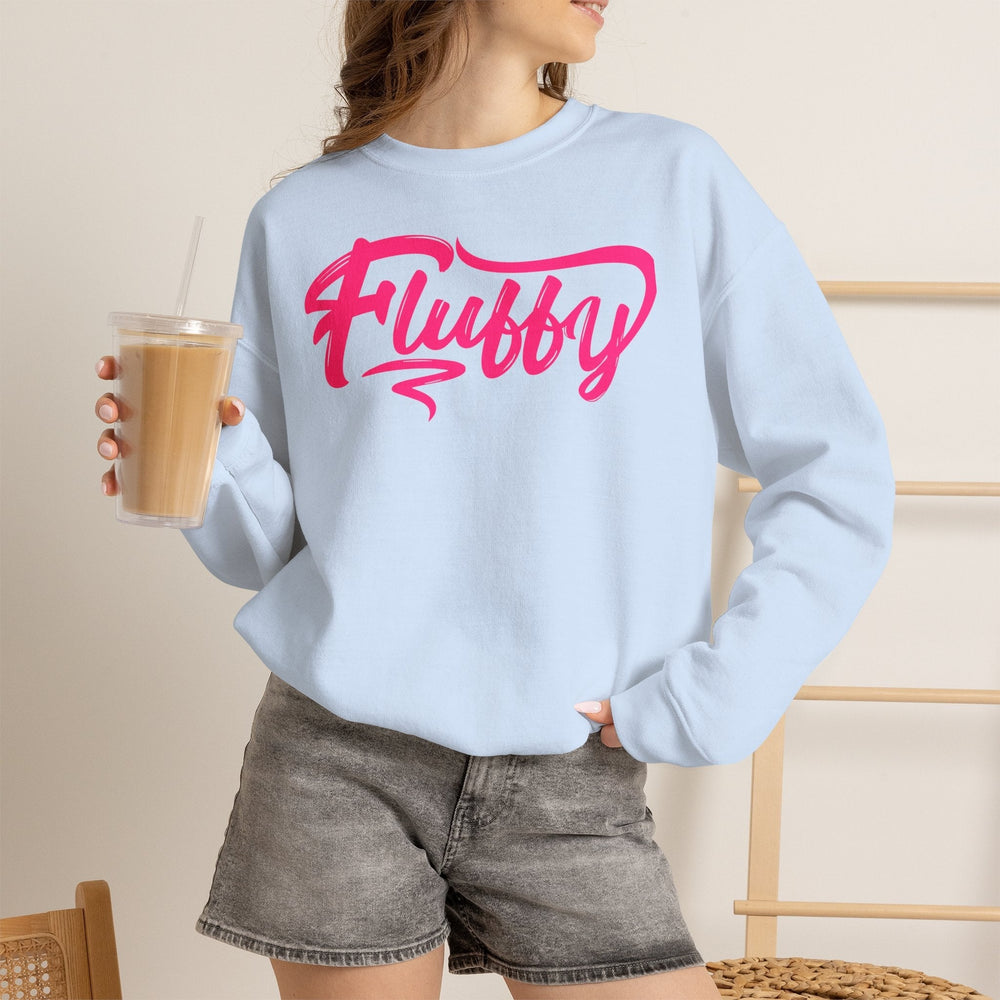 Fluffy Sweatshirt — White Cozy Crewneck with Pink 'Fluffy' Graphic Sweatshirt Printify 