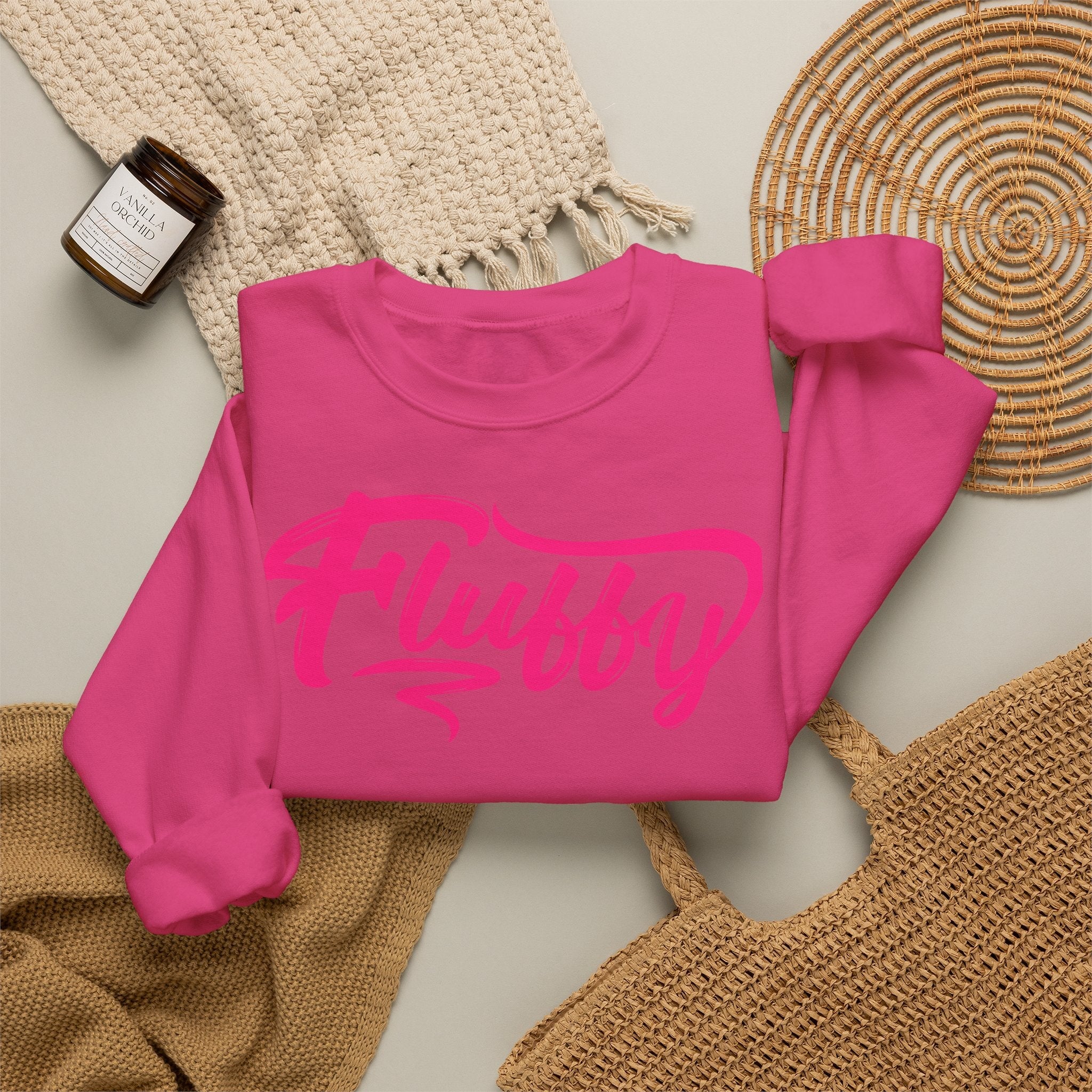 Fluffy Sweatshirt — White Cozy Crewneck with Pink 'Fluffy' Graphic Sweatshirt Printify 