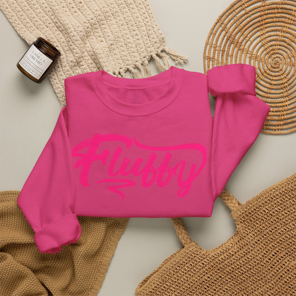 Fluffy Sweatshirt — White Cozy Crewneck with Pink 'Fluffy' Graphic Sweatshirt Printify 