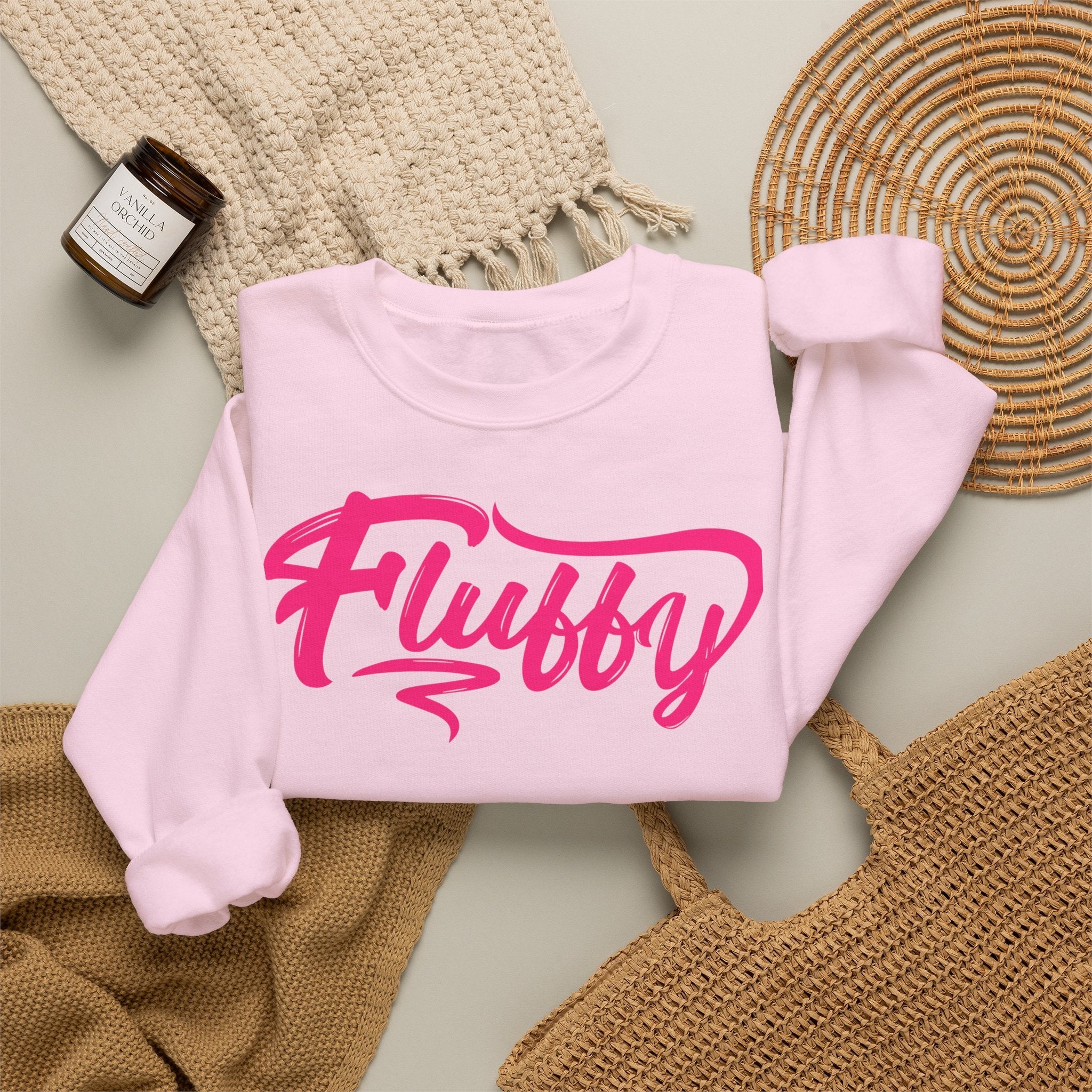 Fluffy Sweatshirt — White Cozy Crewneck with Pink 'Fluffy' Graphic Sweatshirt Printify 