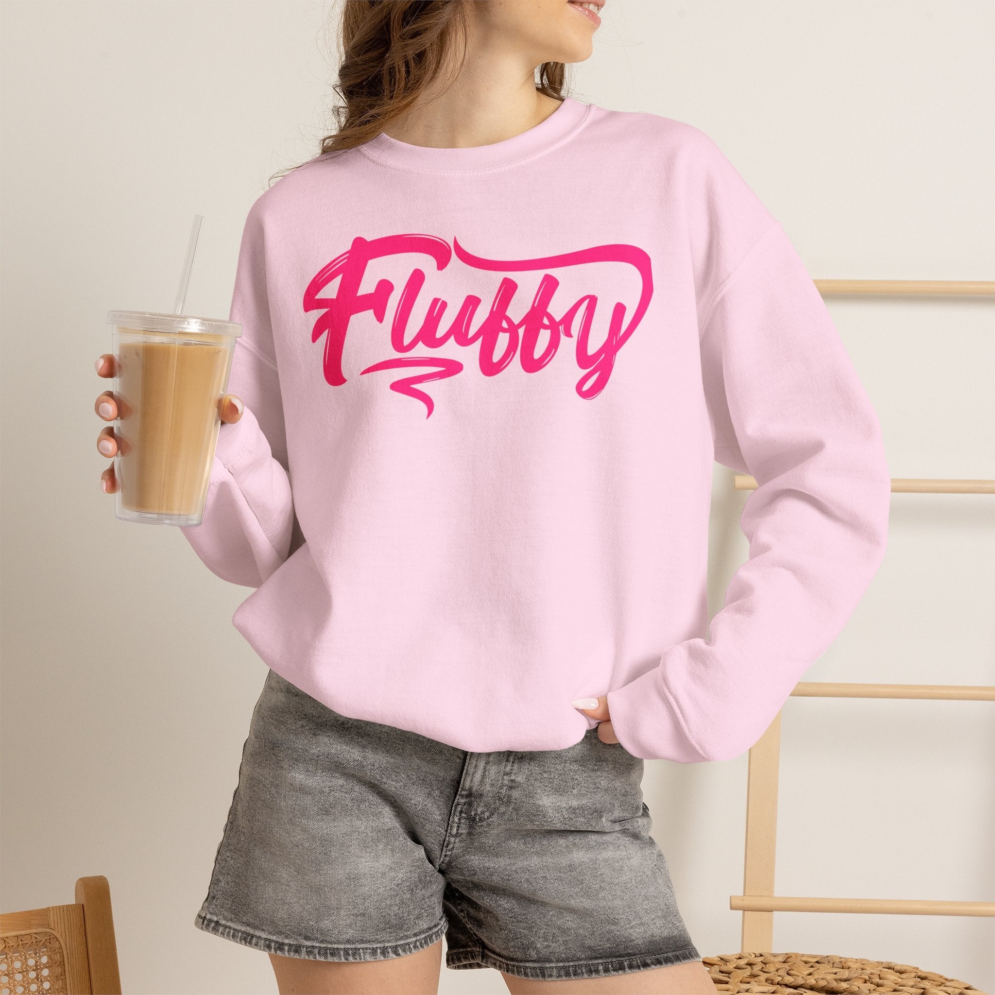 Fluffy Sweatshirt — White Cozy Crewneck with Pink 'Fluffy' Graphic Sweatshirt Printify 