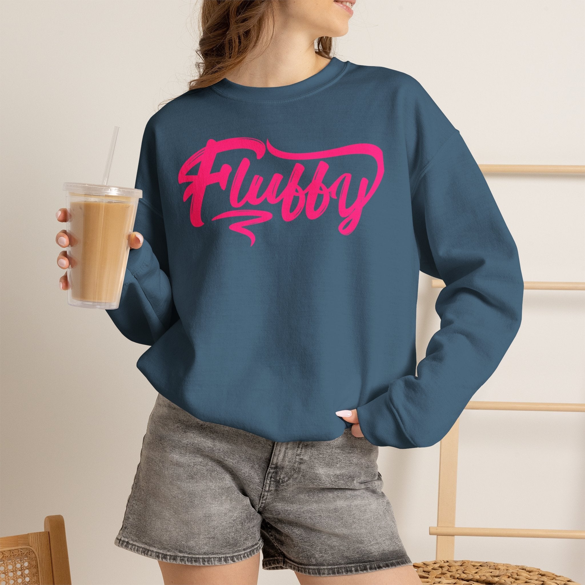 Fluffy Sweatshirt — White Cozy Crewneck with Pink 'Fluffy' Graphic Sweatshirt Printify 