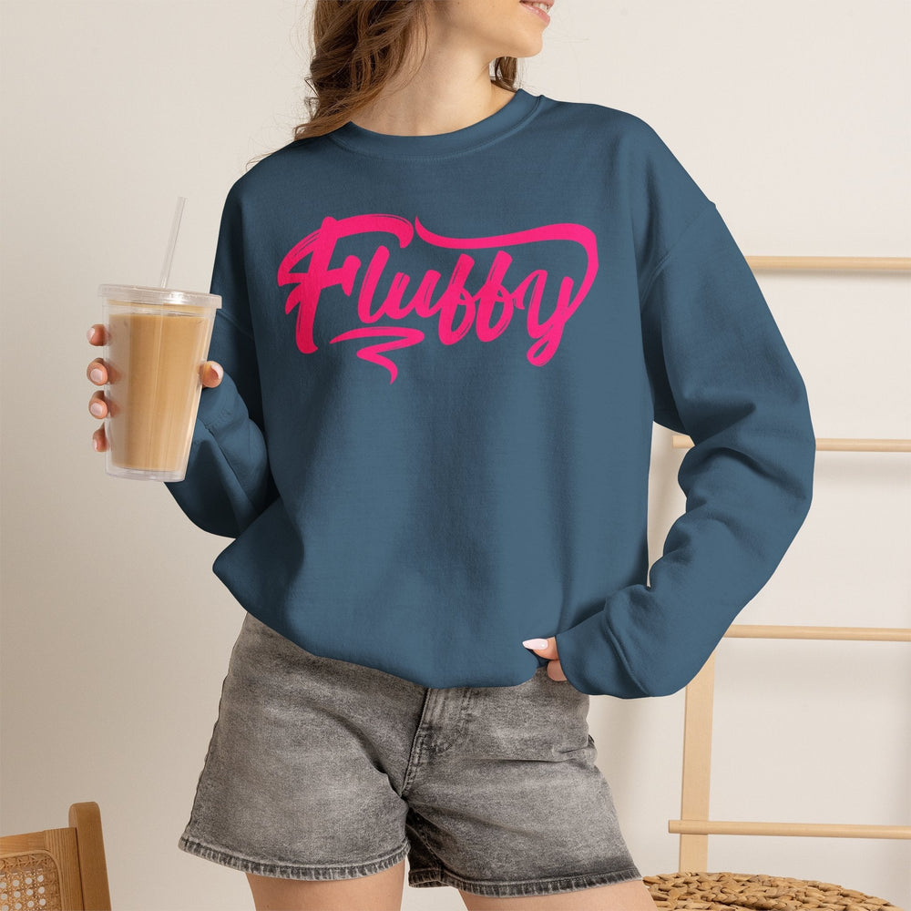 Fluffy Sweatshirt — White Cozy Crewneck with Pink 'Fluffy' Graphic Sweatshirt Printify 