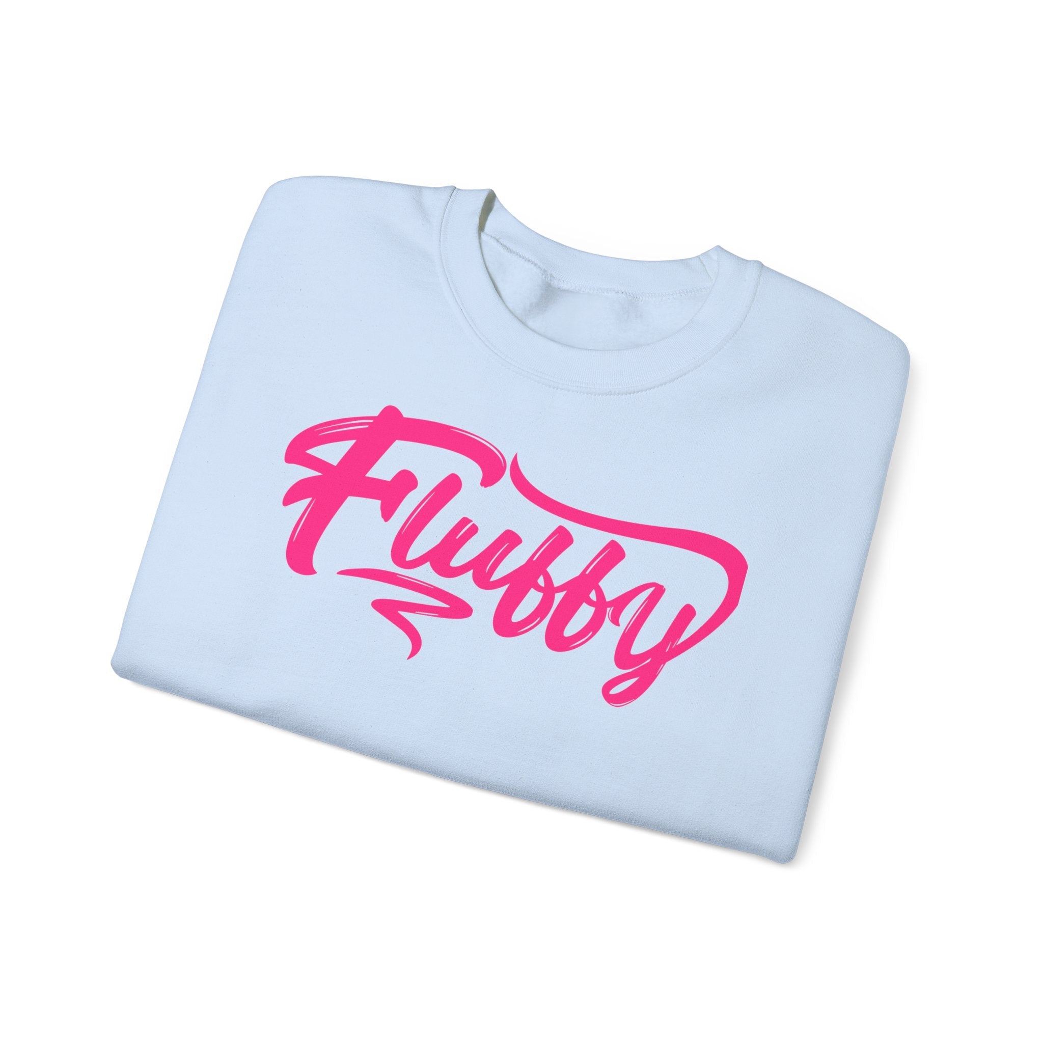 Fluffy Sweatshirt — White Cozy Crewneck with Pink 'Fluffy' Graphic Sweatshirt Printify 