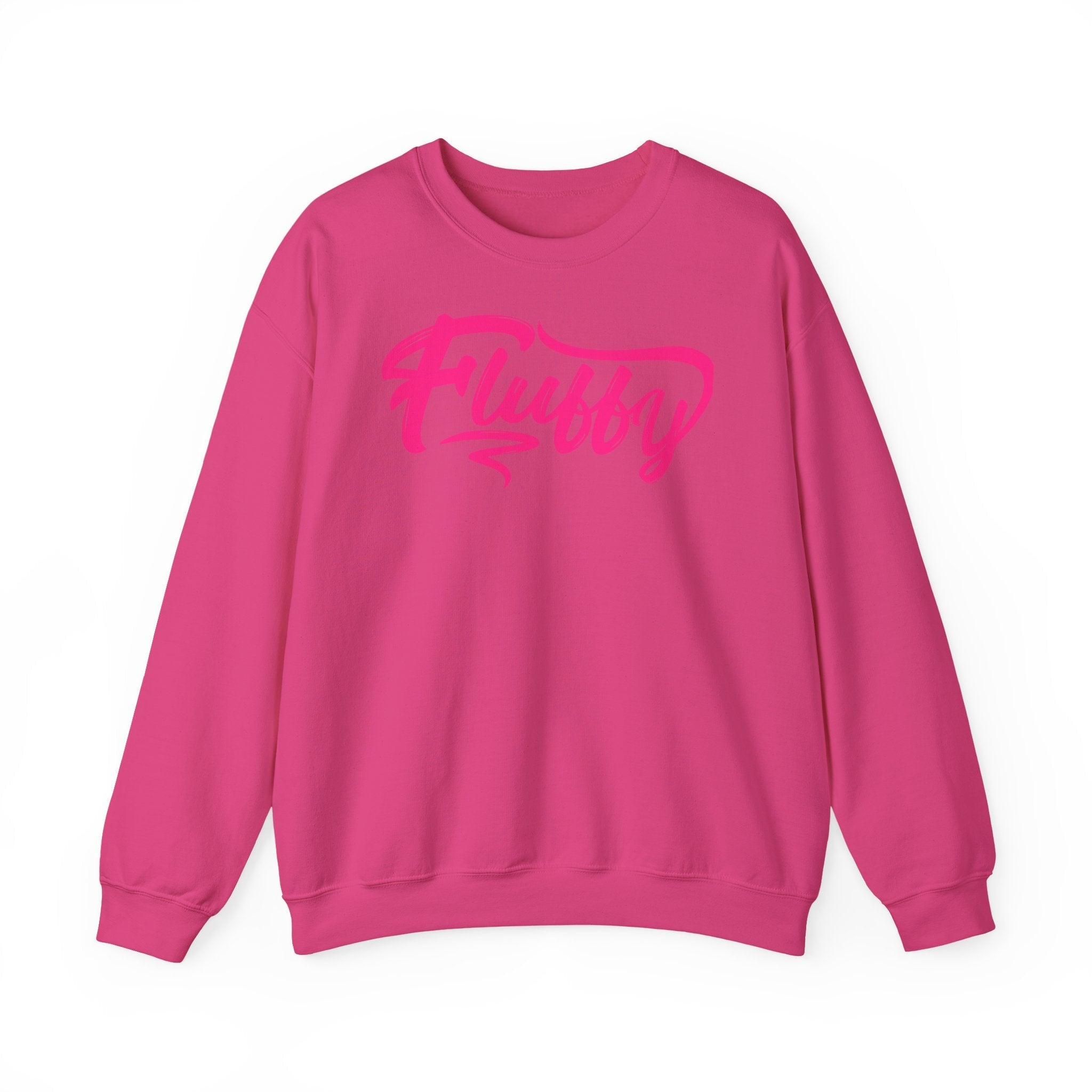 Fluffy Sweatshirt — White Cozy Crewneck with Pink 'Fluffy' Graphic Sweatshirt Printify S Heliconia 