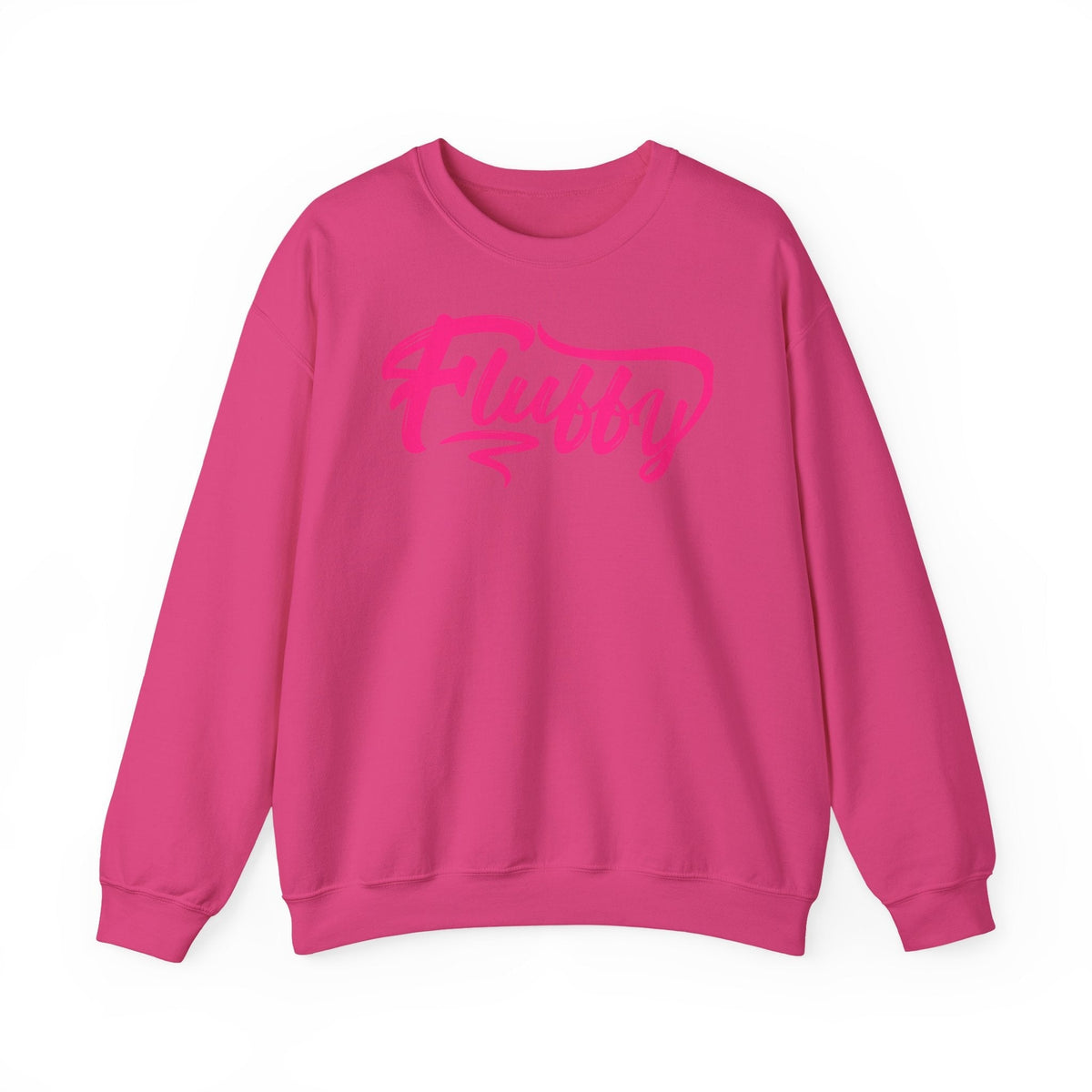 Fluffy Sweatshirt — White Cozy Crewneck with Pink 'Fluffy' Graphic Sweatshirt Printify S Heliconia 