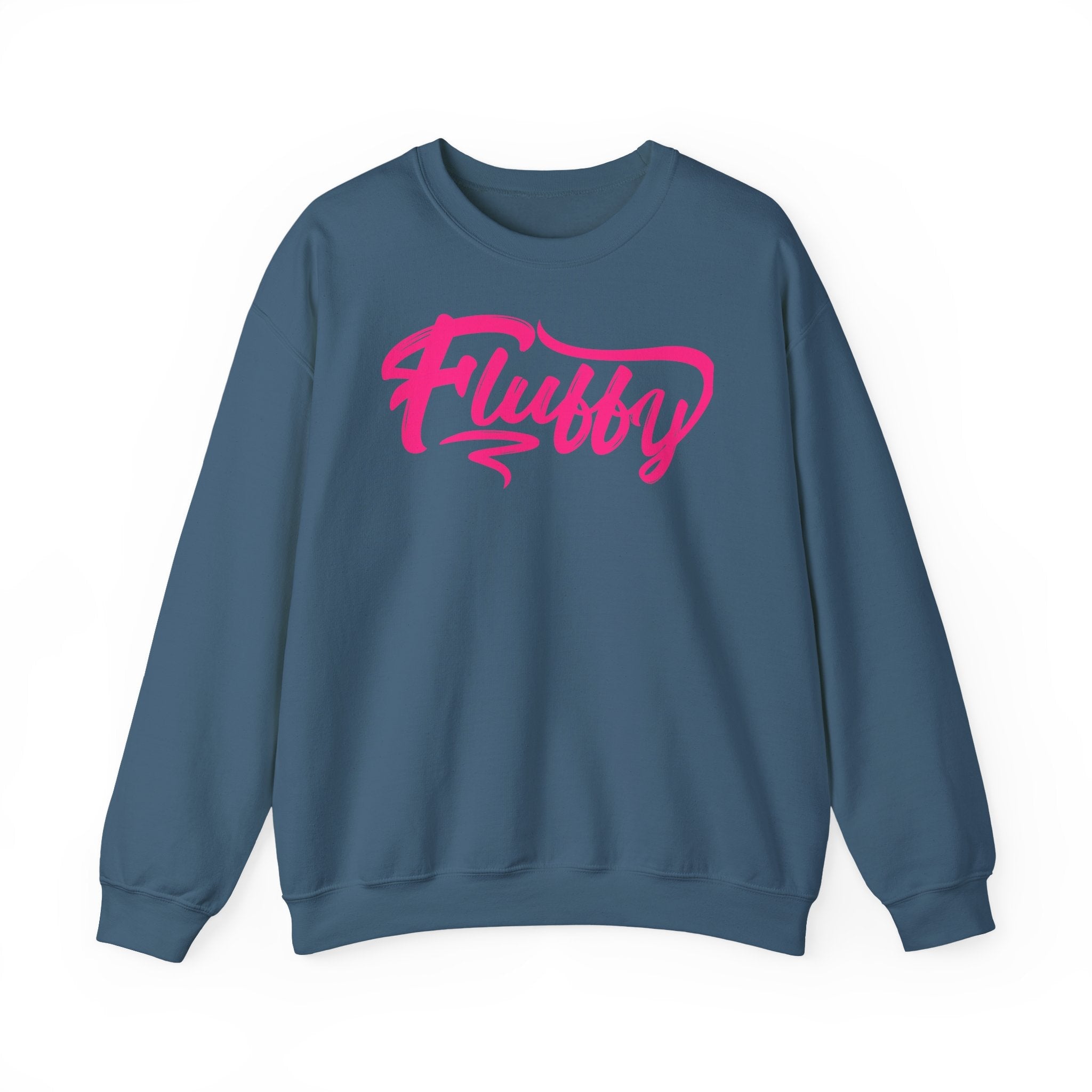 Fluffy Sweatshirt — White Cozy Crewneck with Pink 'Fluffy' Graphic Sweatshirt Printify S Indigo Blue 