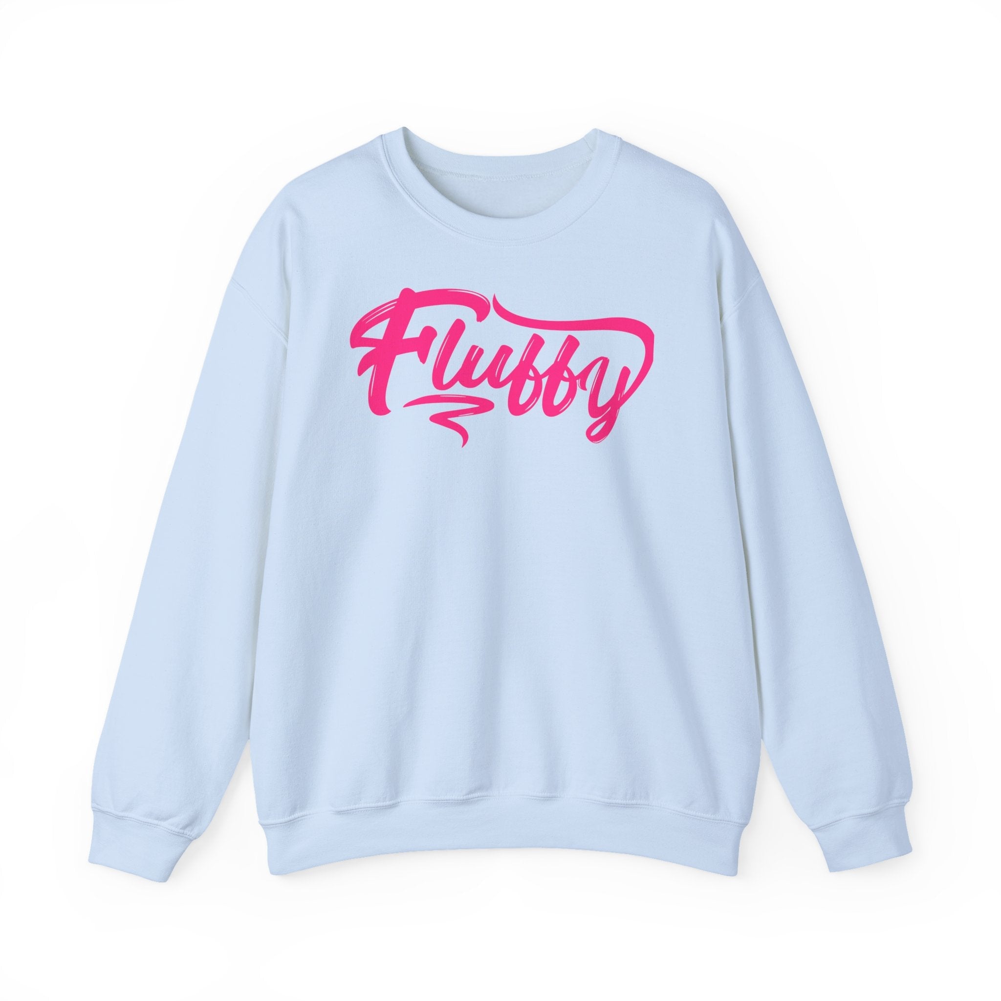 Fluffy Sweatshirt — White Cozy Crewneck with Pink 'Fluffy' Graphic Sweatshirt Printify S Light Blue 