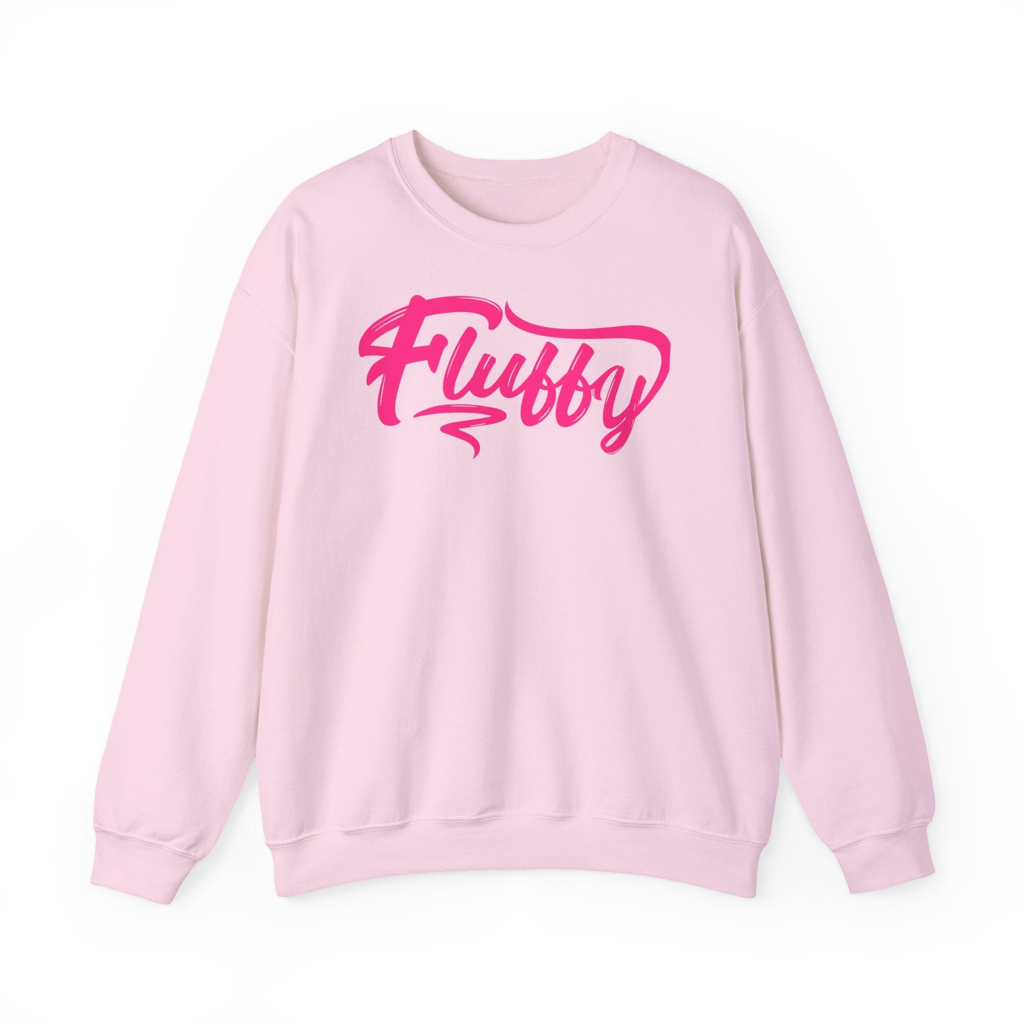 Fluffy Sweatshirt — White Cozy Crewneck with Pink 'Fluffy' Graphic Sweatshirt Printify S Light Pink 