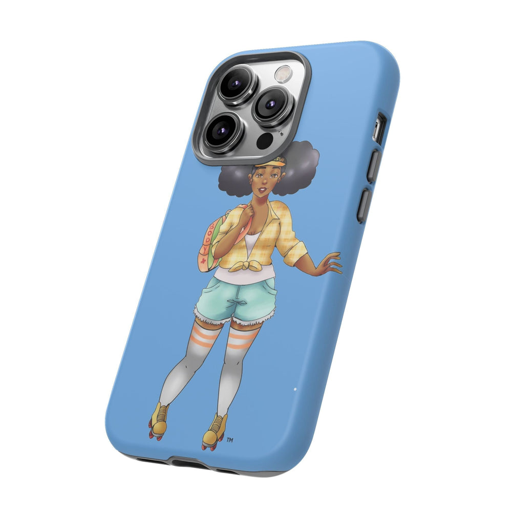 Powder Blue Retro Body Positive Skater with Afro Puffs Design Phone Case Phone Case Printify 