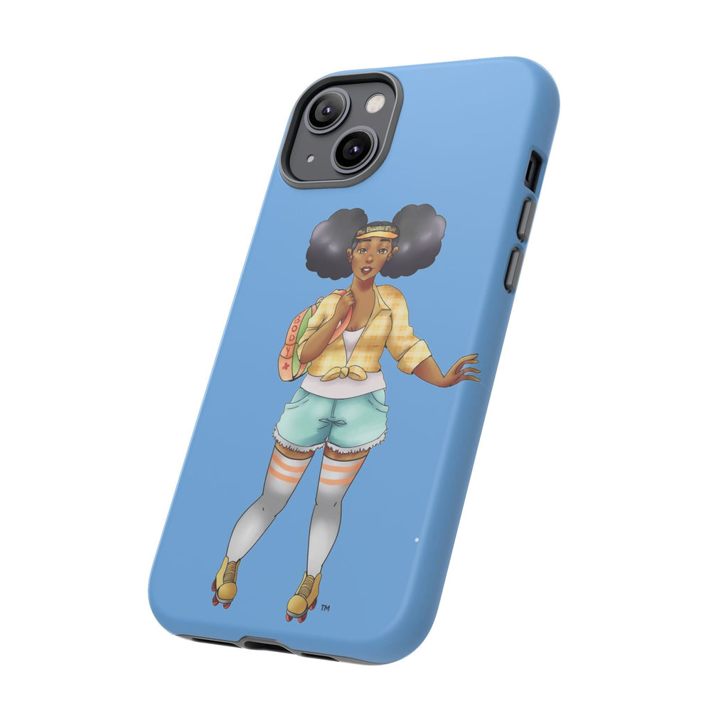 Powder Blue Retro Body Positive Skater with Afro Puffs Design Phone Case Phone Case Printify 