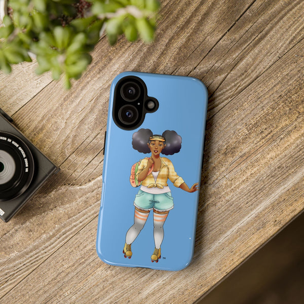 Powder Blue Retro Body Positive Skater with Afro Puffs Design Phone Case Phone Case Printify 