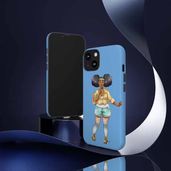 Powder Blue Retro Body Positive Skater with Afro Puffs Design Phone Case Phone Case Printify 