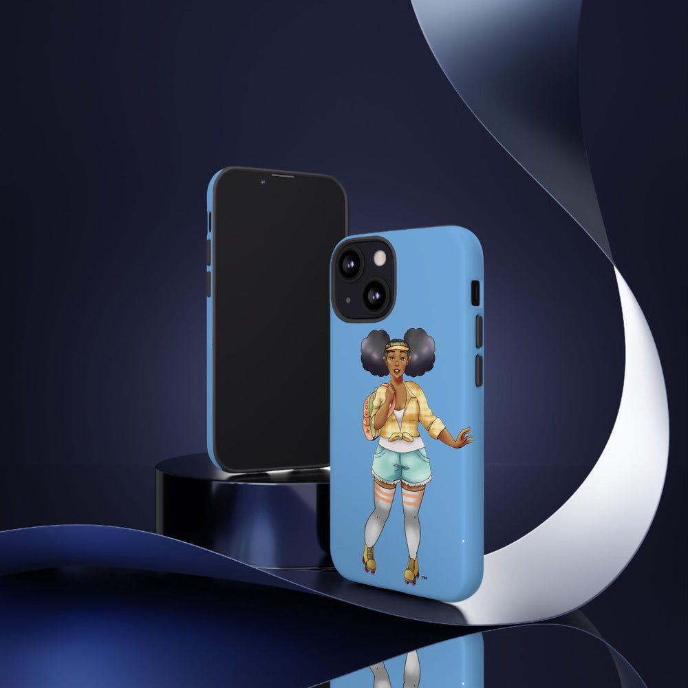 Powder Blue Retro Body Positive Skater with Afro Puffs Design Phone Case Phone Case Printify 