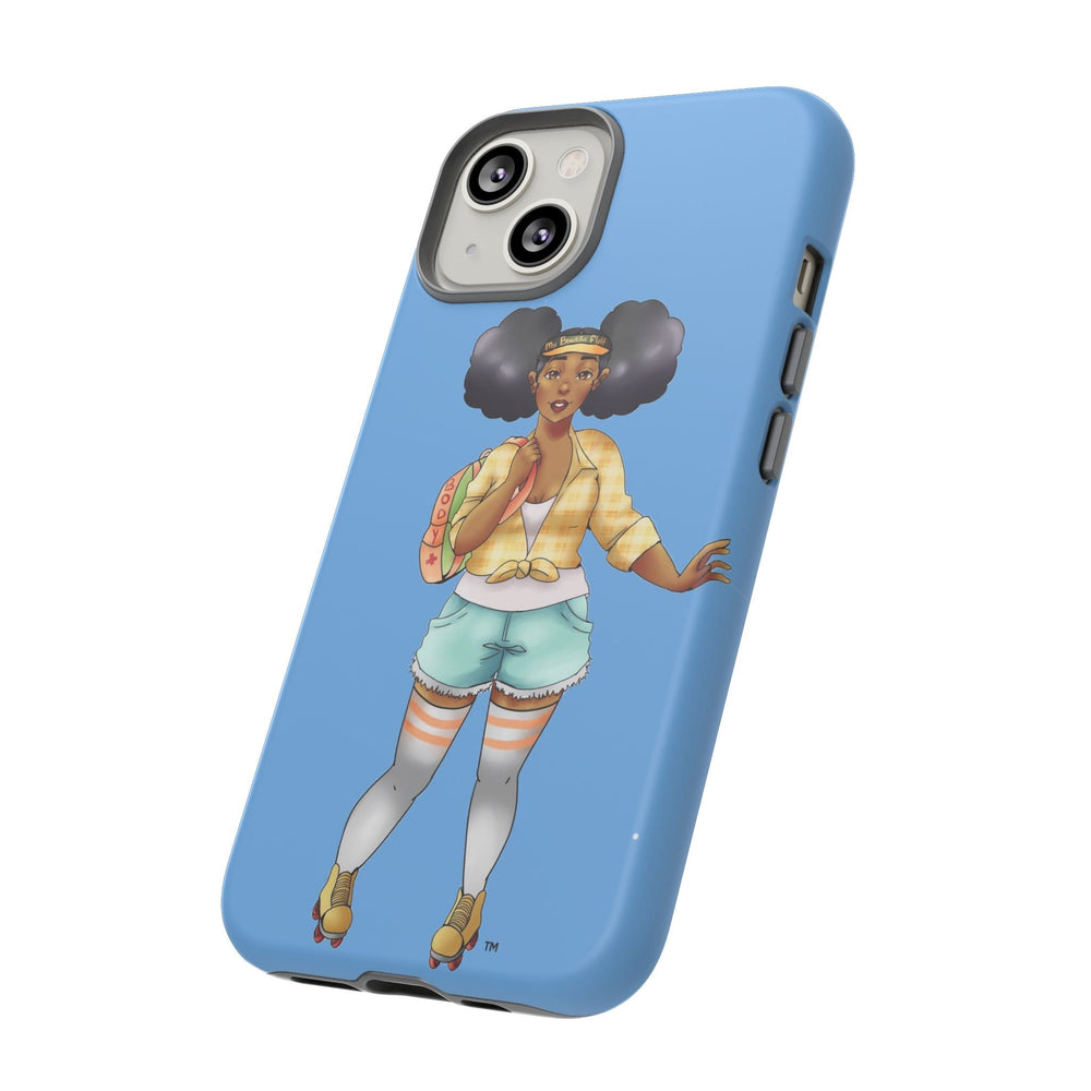 Powder Blue Retro Body Positive Skater with Afro Puffs Design Phone Case Phone Case Printify 