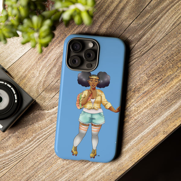 Powder Blue Retro Body Positive Skater with Afro Puffs Design Phone Case Phone Case Printify 
