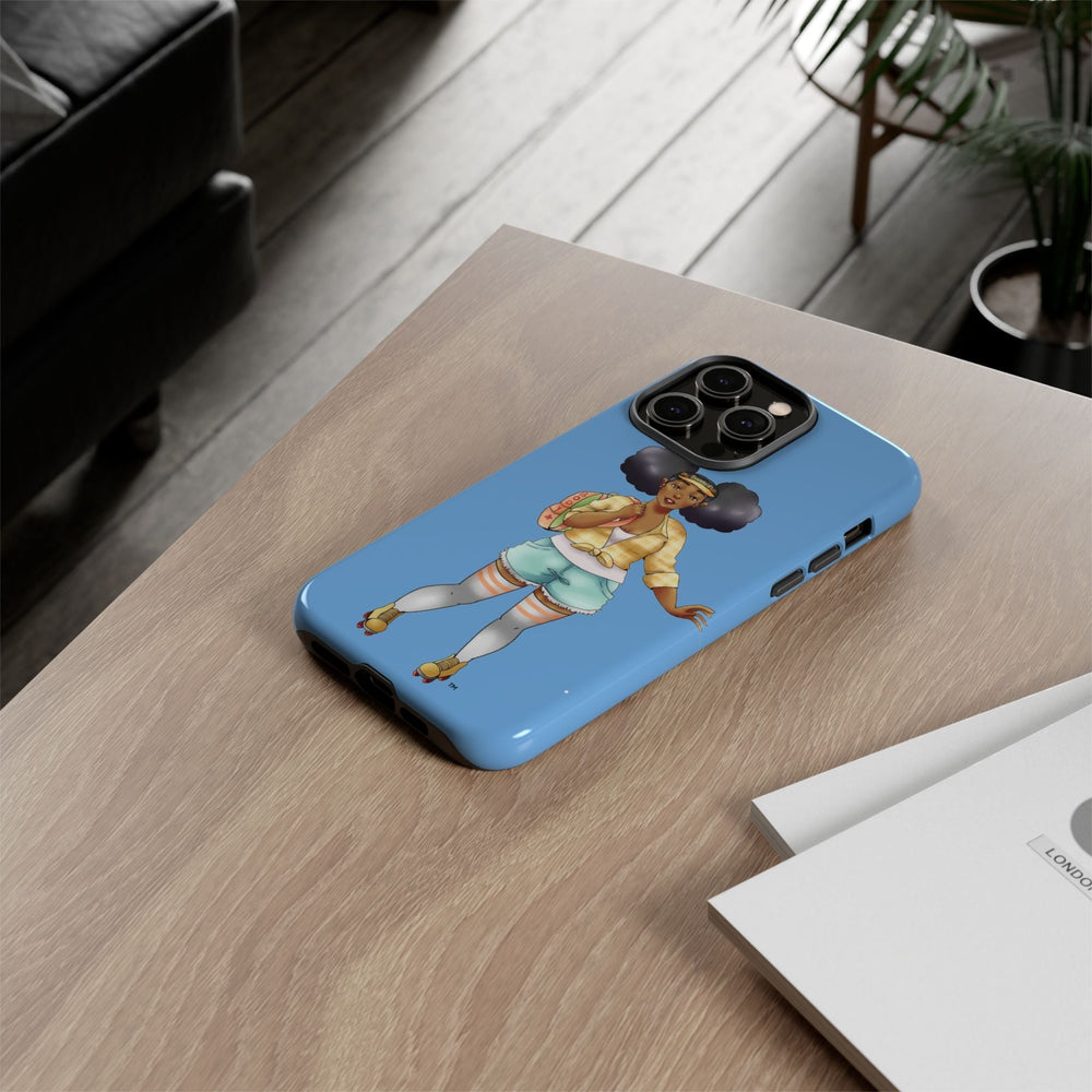Powder Blue Retro Body Positive Skater with Afro Puffs Design Phone Case Phone Case Printify 