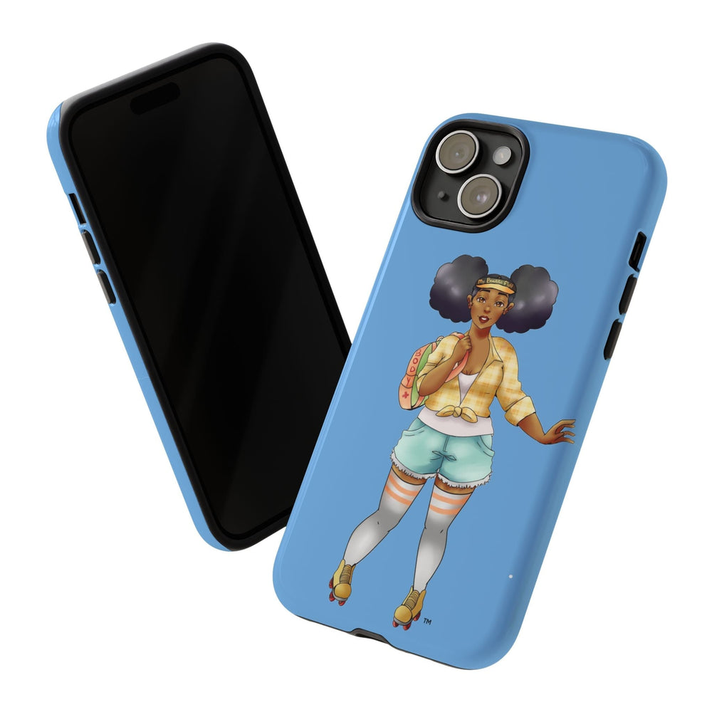 Powder Blue Retro Body Positive Skater with Afro Puffs Design Phone Case Phone Case Printify 