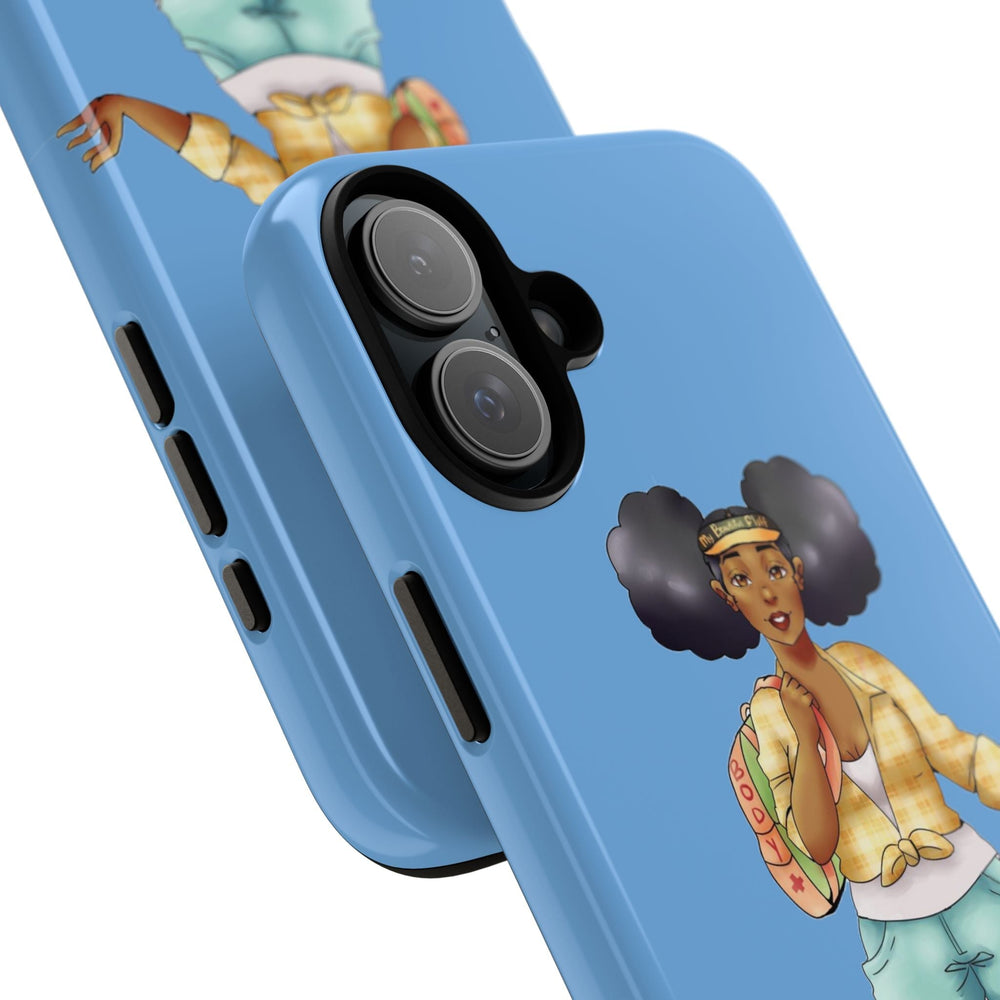 Powder Blue Retro Body Positive Skater with Afro Puffs Design Phone Case Phone Case Printify 