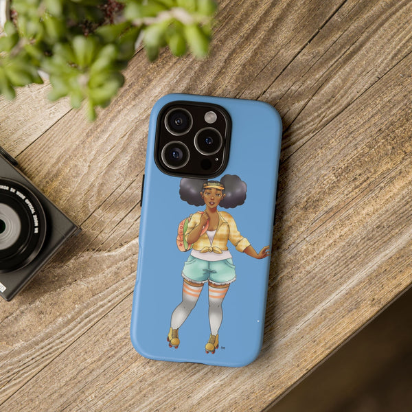 Powder Blue Retro Body Positive Skater with Afro Puffs Design Phone Case Phone Case Printify 