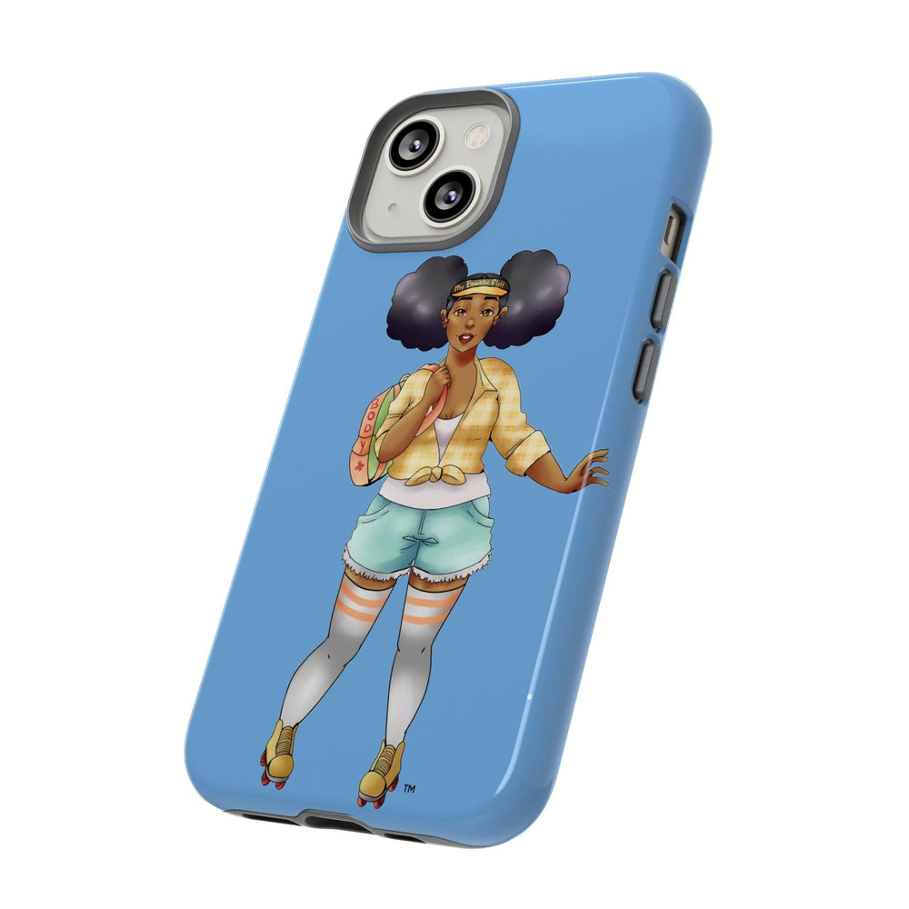 Powder Blue Retro Body Positive Skater with Afro Puffs Design Phone Case Phone Case Printify 
