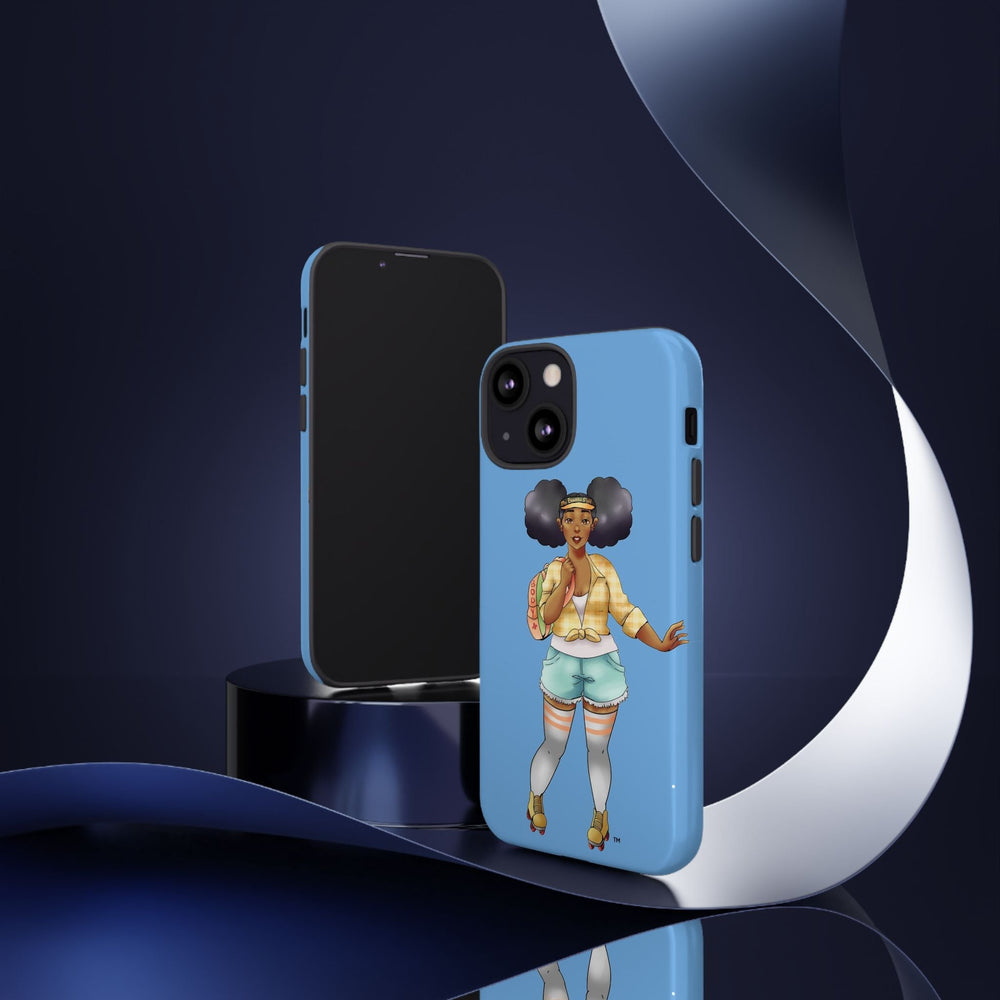 Powder Blue Retro Body Positive Skater with Afro Puffs Design Phone Case Phone Case Printify 