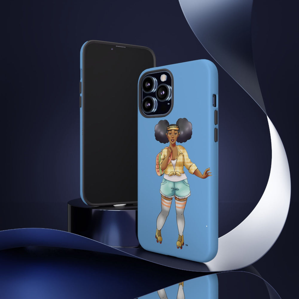 Powder Blue Retro Body Positive Skater with Afro Puffs Design Phone Case Phone Case Printify 