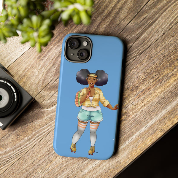 Powder Blue Retro Body Positive Skater with Afro Puffs Design Phone Case Phone Case Printify 