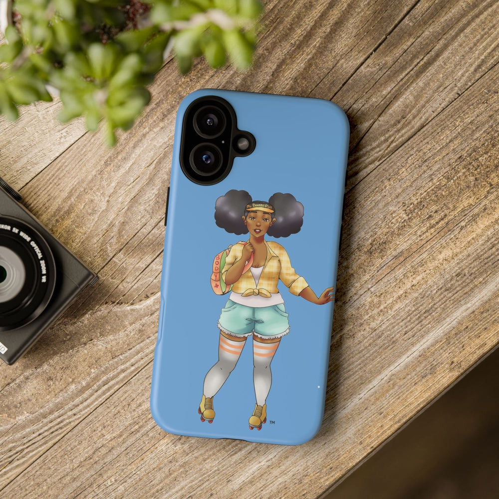 Powder Blue Retro Body Positive Skater with Afro Puffs Design Phone Case Phone Case Printify 