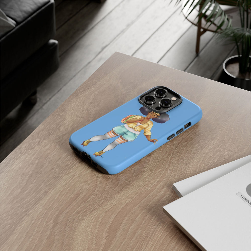 Powder Blue Retro Body Positive Skater with Afro Puffs Design Phone Case Phone Case Printify 