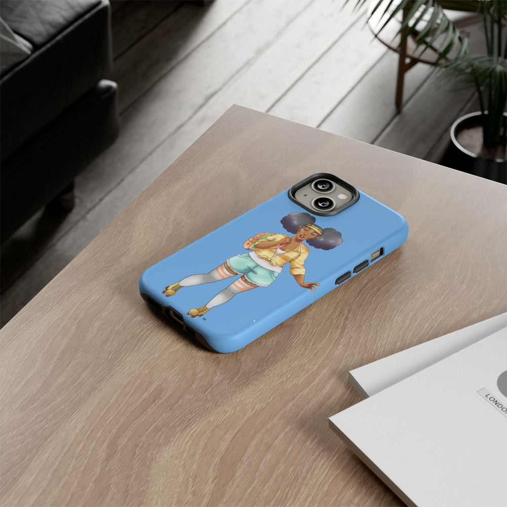 Powder Blue Retro Body Positive Skater with Afro Puffs Design Phone Case Phone Case Printify 