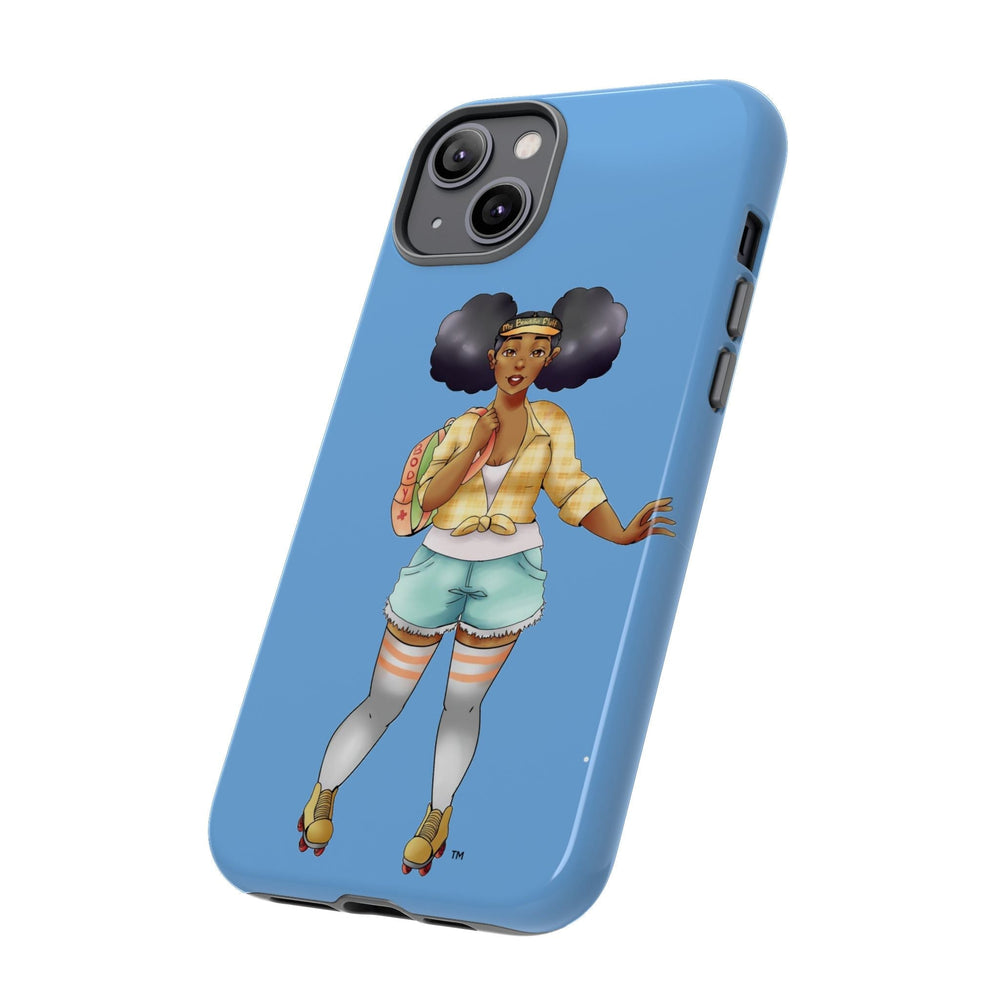 Powder Blue Retro Body Positive Skater with Afro Puffs Design Phone Case Phone Case Printify 