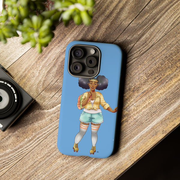 Powder Blue Retro Body Positive Skater with Afro Puffs Design Phone Case Phone Case Printify 