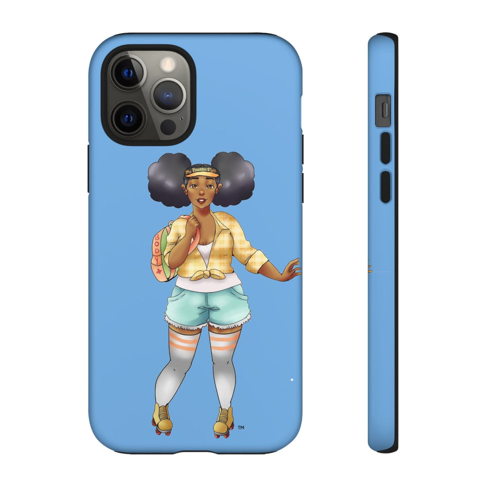 Powder Blue Retro Body Positive Skater with Afro Puffs Design Phone Case Phone Case Printify iPhone 12 Pro Matte 