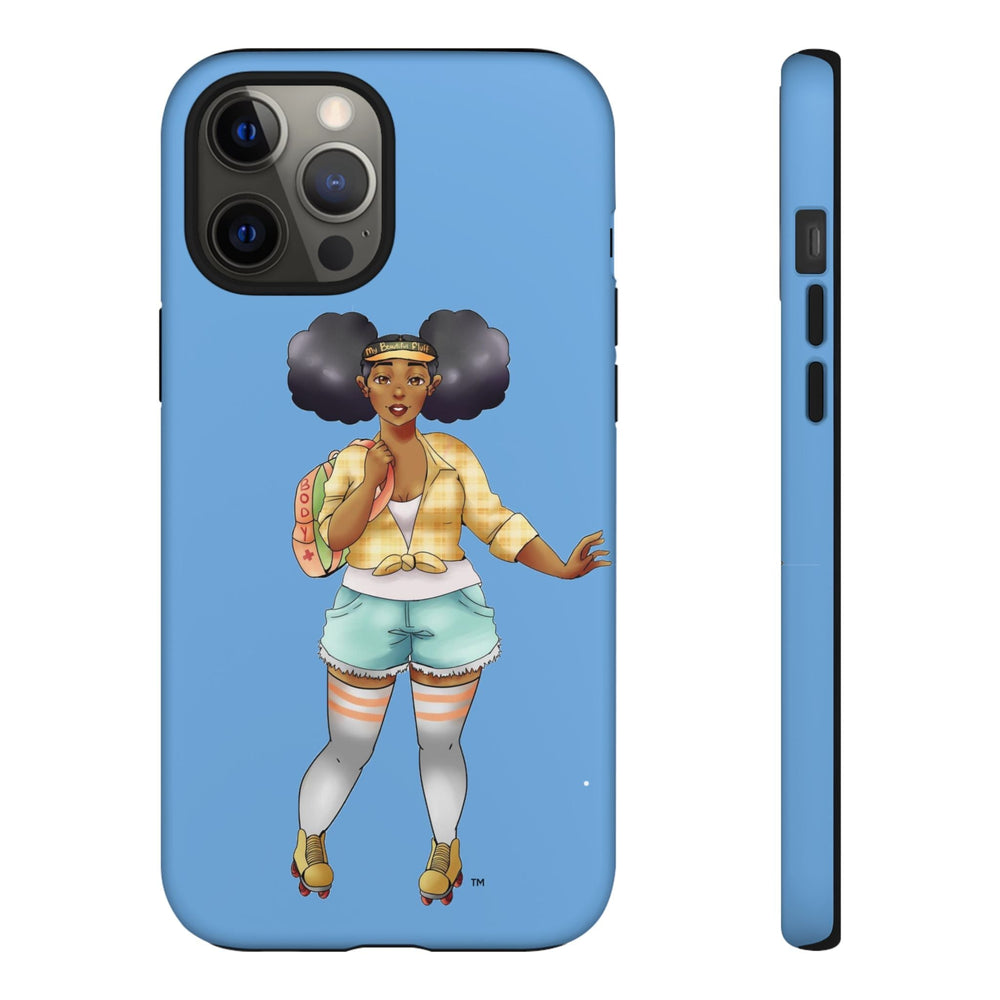Powder Blue Retro Body Positive Skater with Afro Puffs Design Phone Case Phone Case Printify iPhone 12 Pro Max Matte 
