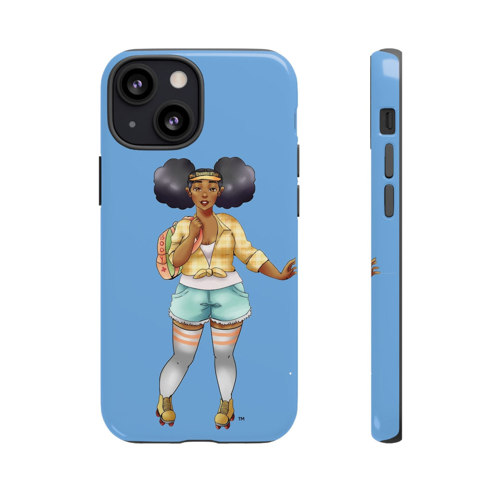 Powder Blue Retro Body Positive Skater with Afro Puffs Design Phone Case Phone Case Printify iPhone 13 Mini Glossy 