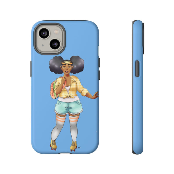 Powder Blue Retro Body Positive Skater with Afro Puffs Design Phone Case Phone Case Printify iPhone 14 Matte 