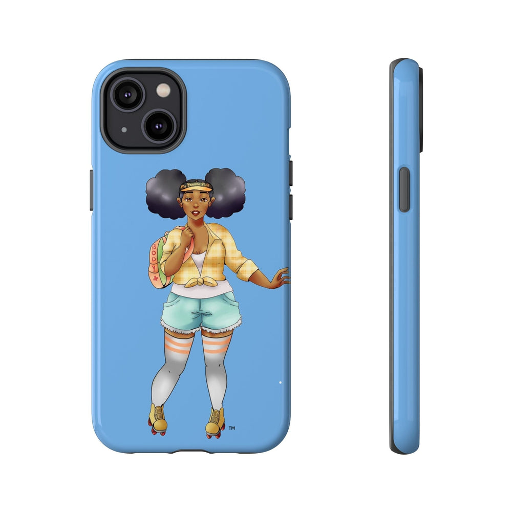 Powder Blue Retro Body Positive Skater with Afro Puffs Design Phone Case Phone Case Printify iPhone 14 Plus Glossy 