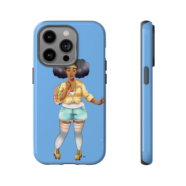 Powder Blue Retro Body Positive Skater with Afro Puffs Design Phone Case Phone Case Printify iPhone 14 Pro Glossy 