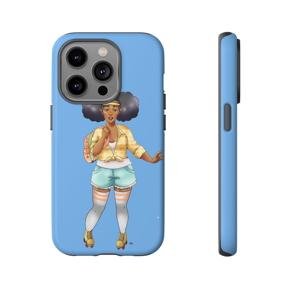 Powder Blue Retro Body Positive Skater with Afro Puffs Design Phone Case Phone Case Printify iPhone 14 Pro Matte 