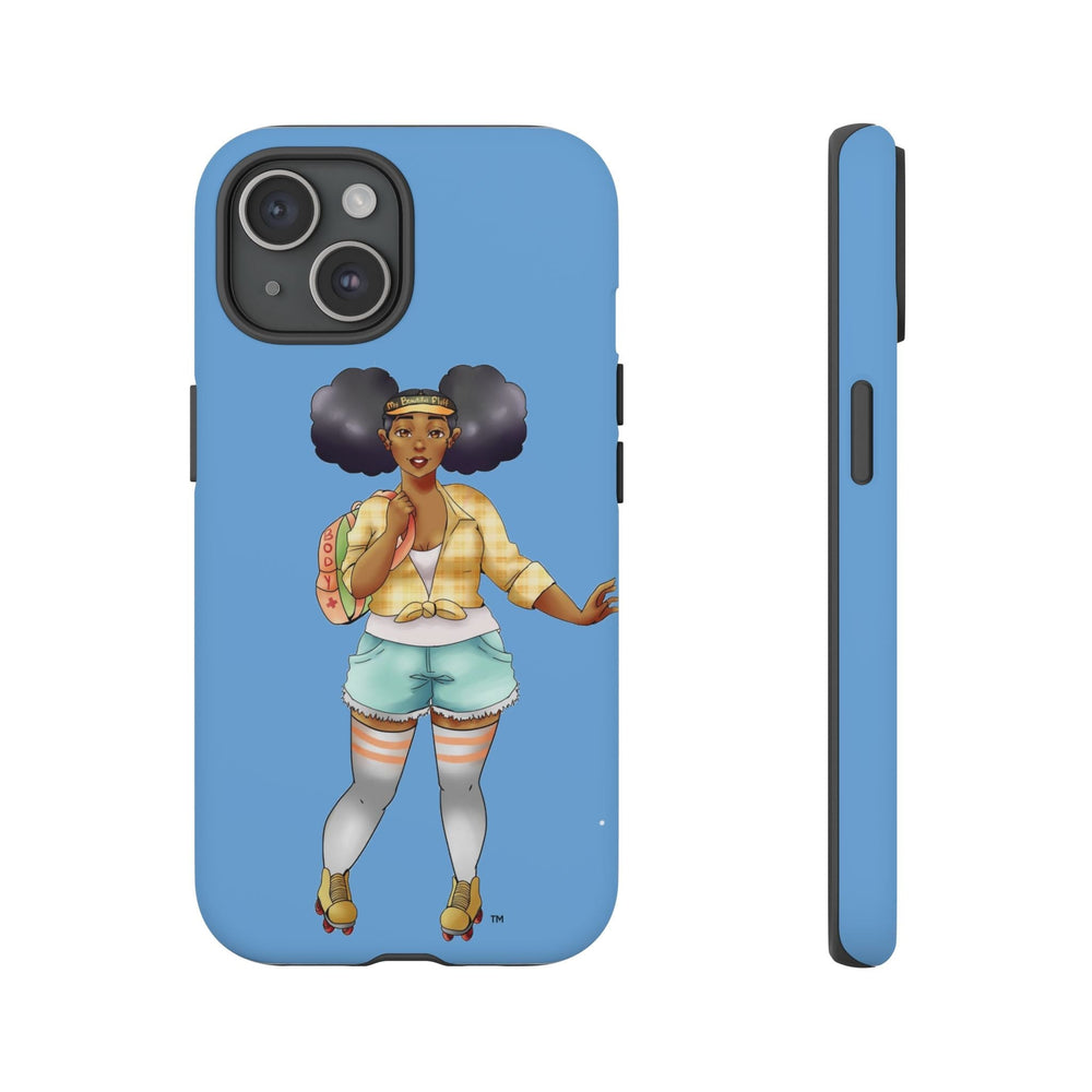 Powder Blue Retro Body Positive Skater with Afro Puffs Design Phone Case Phone Case Printify iPhone 15 Matte 